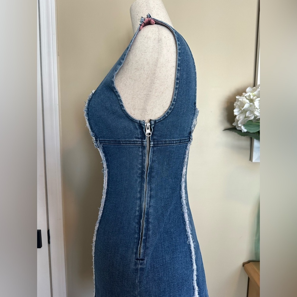 Urban Outfitters Medium Wash Denim Mini Dress with Pink and White Frayed Detail - Picture 3 of 9